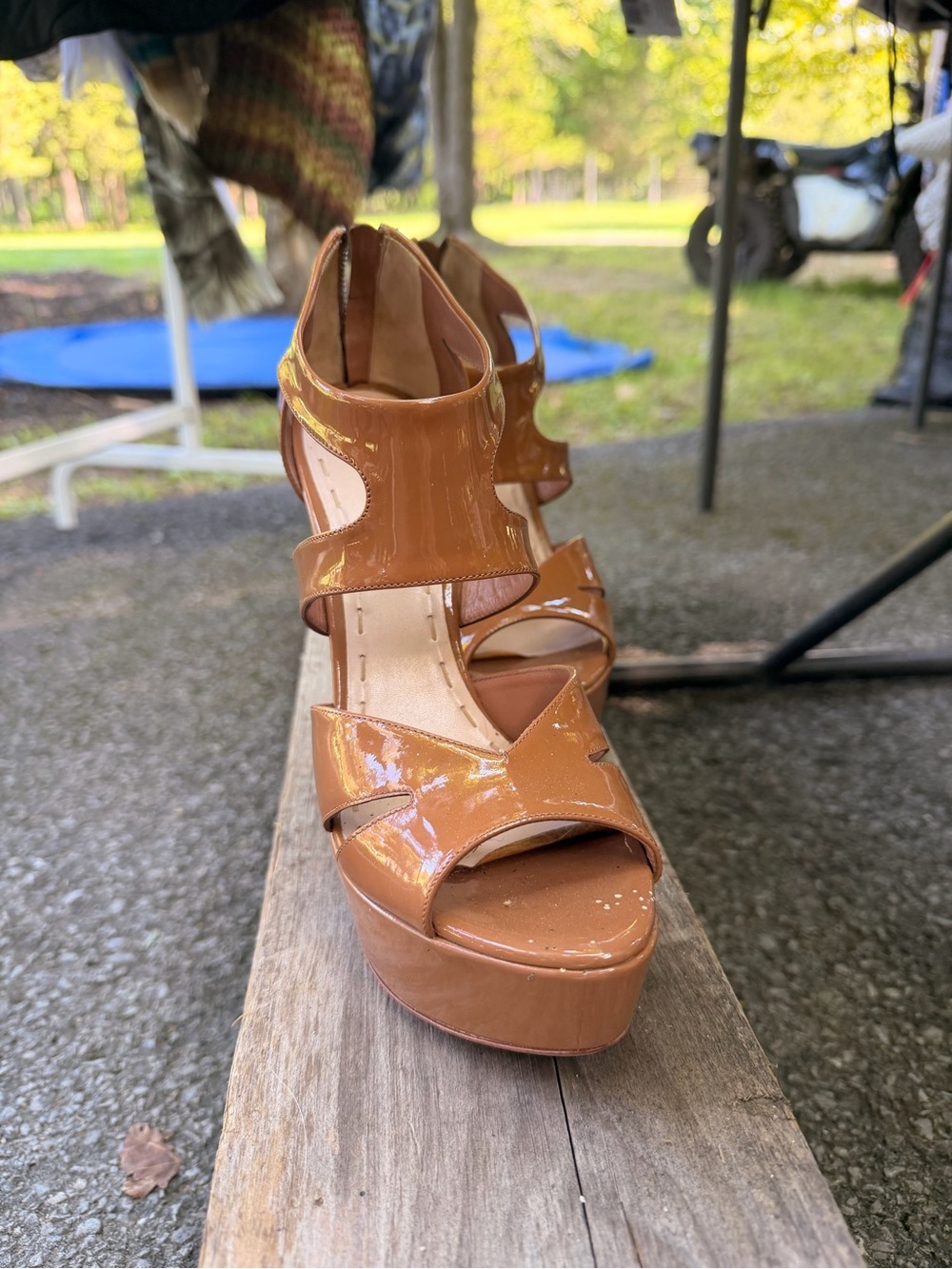 Miu Miu Glossy Tan Patent Platform Sandals